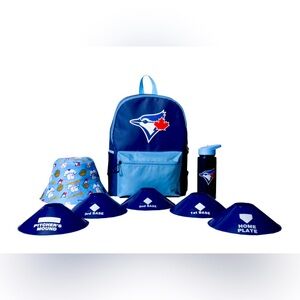 Brand new kids blue jays backpack, water bottle and reversible bucket hat
